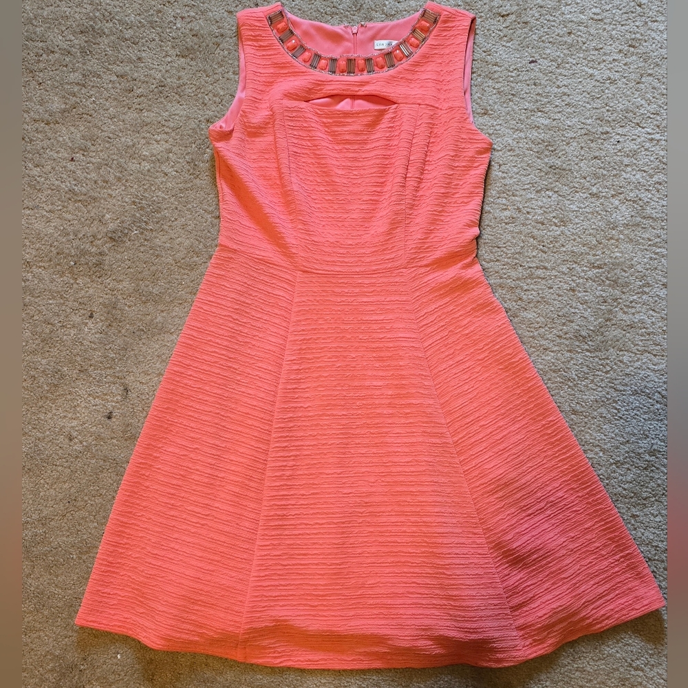 Sandra Darren Coral Embellished Ribbed A-Line Dress 6 Petite